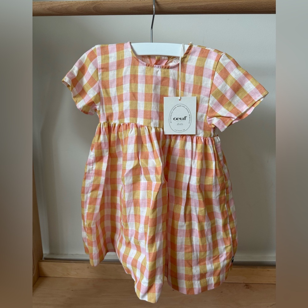 Oeuf Short Sleeve Papaya/Gingham Dress